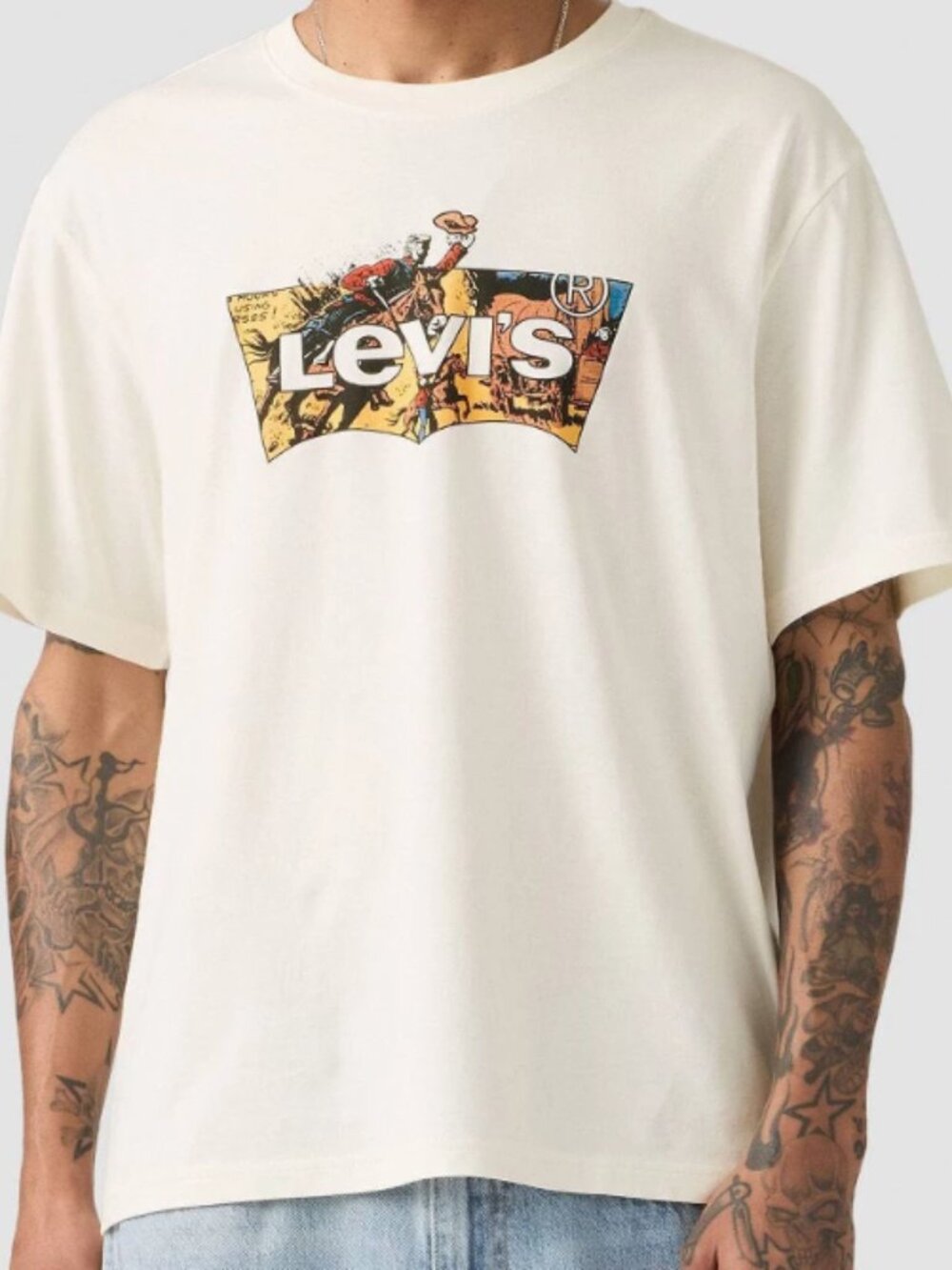 NEW Levi's Men's Batwing Western Comic Short Sleeve Off-White Small T-Shirt